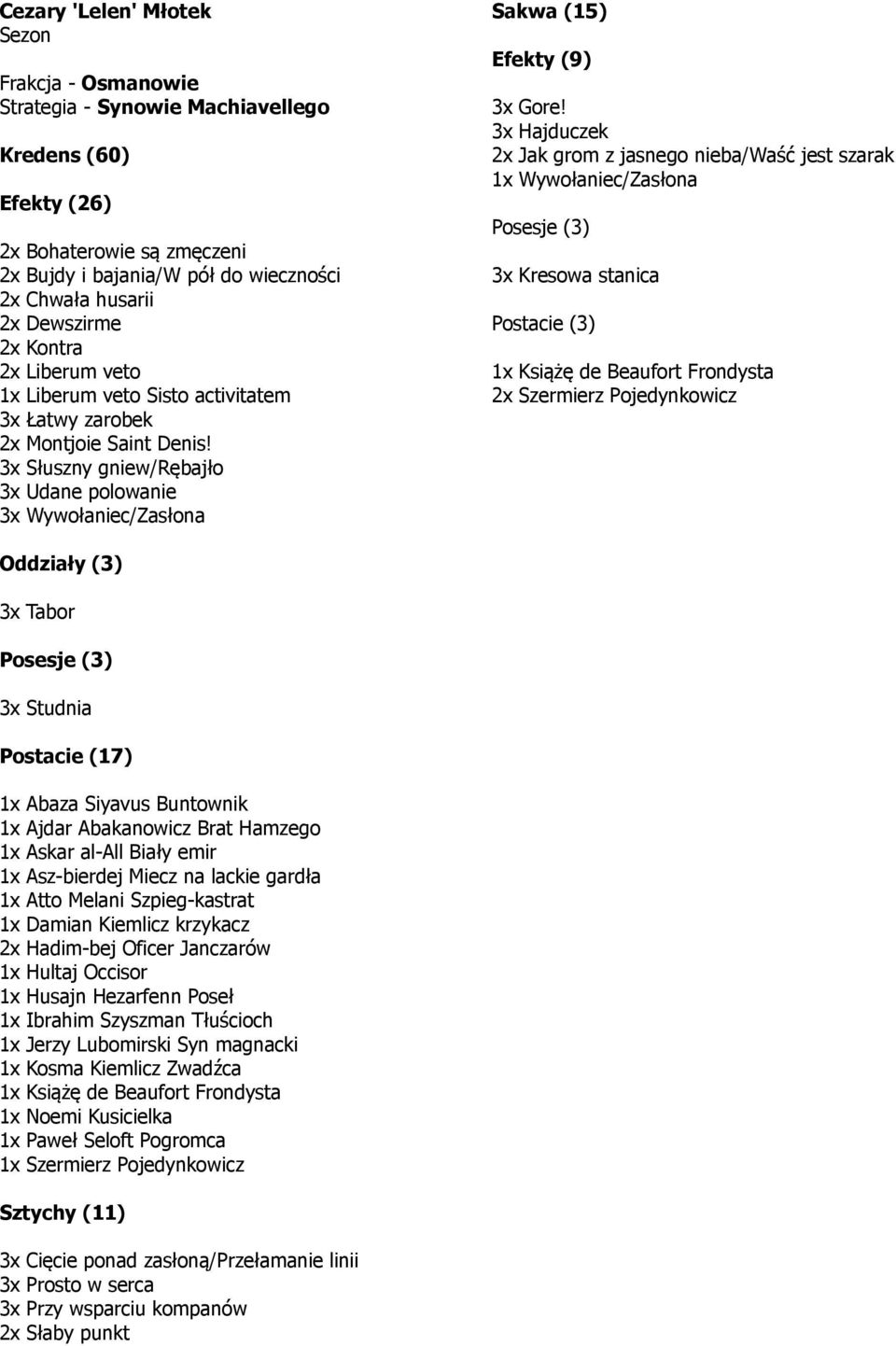 3x Hajduczek 2x Jak grom z jasnego nieba/waść jest szarak 1x Wywołaniec/Zasłona Posesje (3) 3x Kresowa stanica Postacie (3) 1x Książę de Beaufort Frondysta 2x Szermierz Pojedynkowicz Oddziały (3) 3x