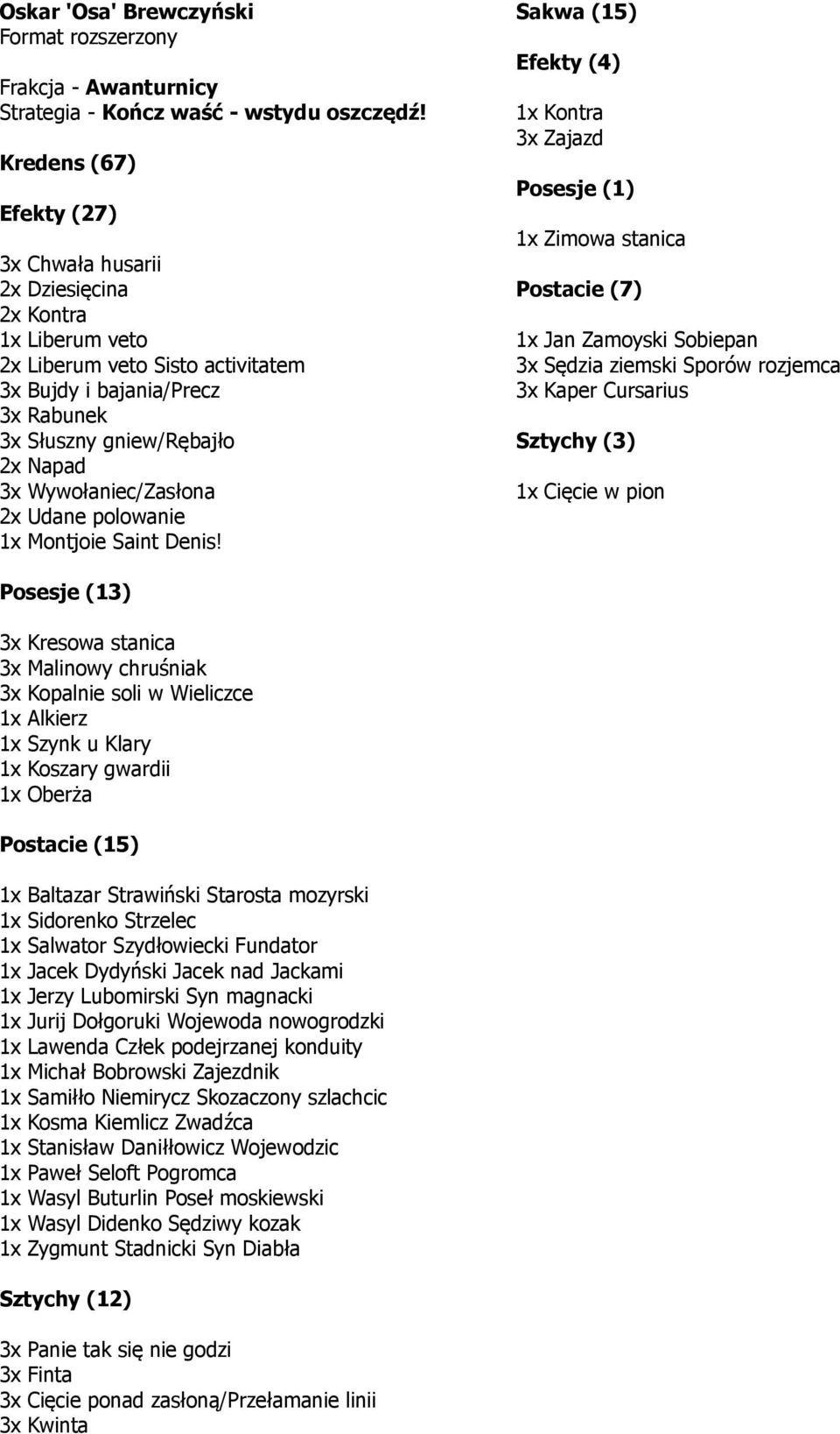 Efekty (4) 1x Kontra 3x Zajazd Posesje (1) 1x Zimowa stanica Postacie (7) 1x Jan Zamoyski Sobiepan 3x Sędzia ziemski Sporów rozjemca 3x Kaper Cursarius Sztychy (3) 1x Cięcie w pion Posesje (13) 3x