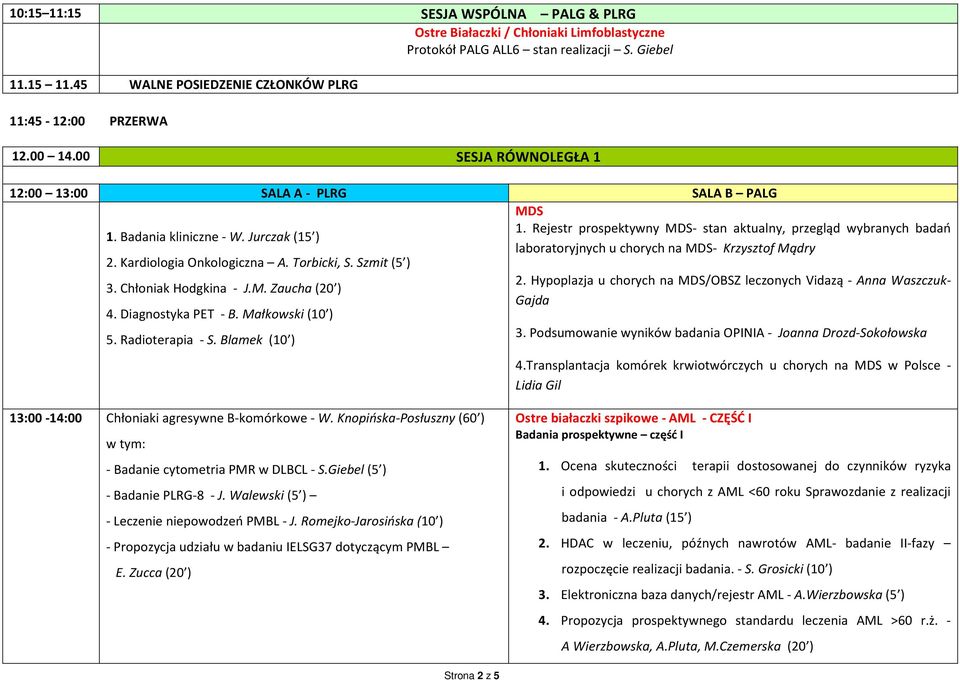 Jurczak (15 ) laboratoryjnych u chorych na MDS- Krzysztof Mądry 2. Kardiologia Onkologiczna A. Torbicki, S. Szmit (5 ) 2. Hypoplazja u chorych na MDS/OBSZ leczonych Vidazą - Anna Waszczuk- 3.