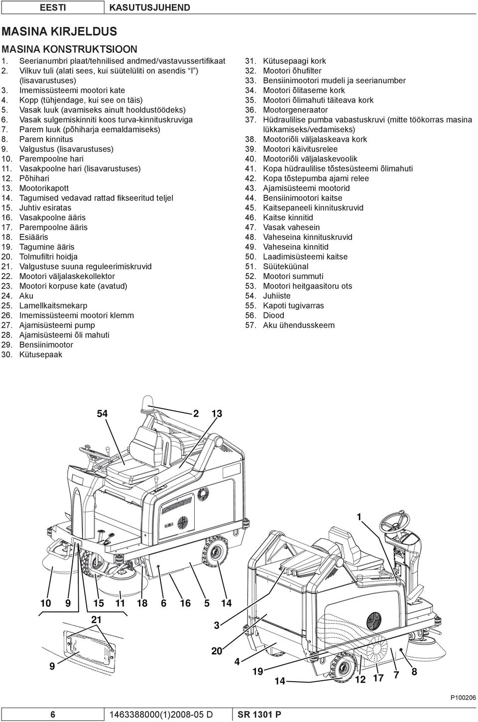 Parem luuk (põhiharja eemaldamiseks) 8. Parem kinnitus 9. Valgustus (lisavarustuses) 10. Parempoolne hari 11. Vasakpoolne hari (lisavarustuses) 12. Põhihari 13. Mootorikapott 14.