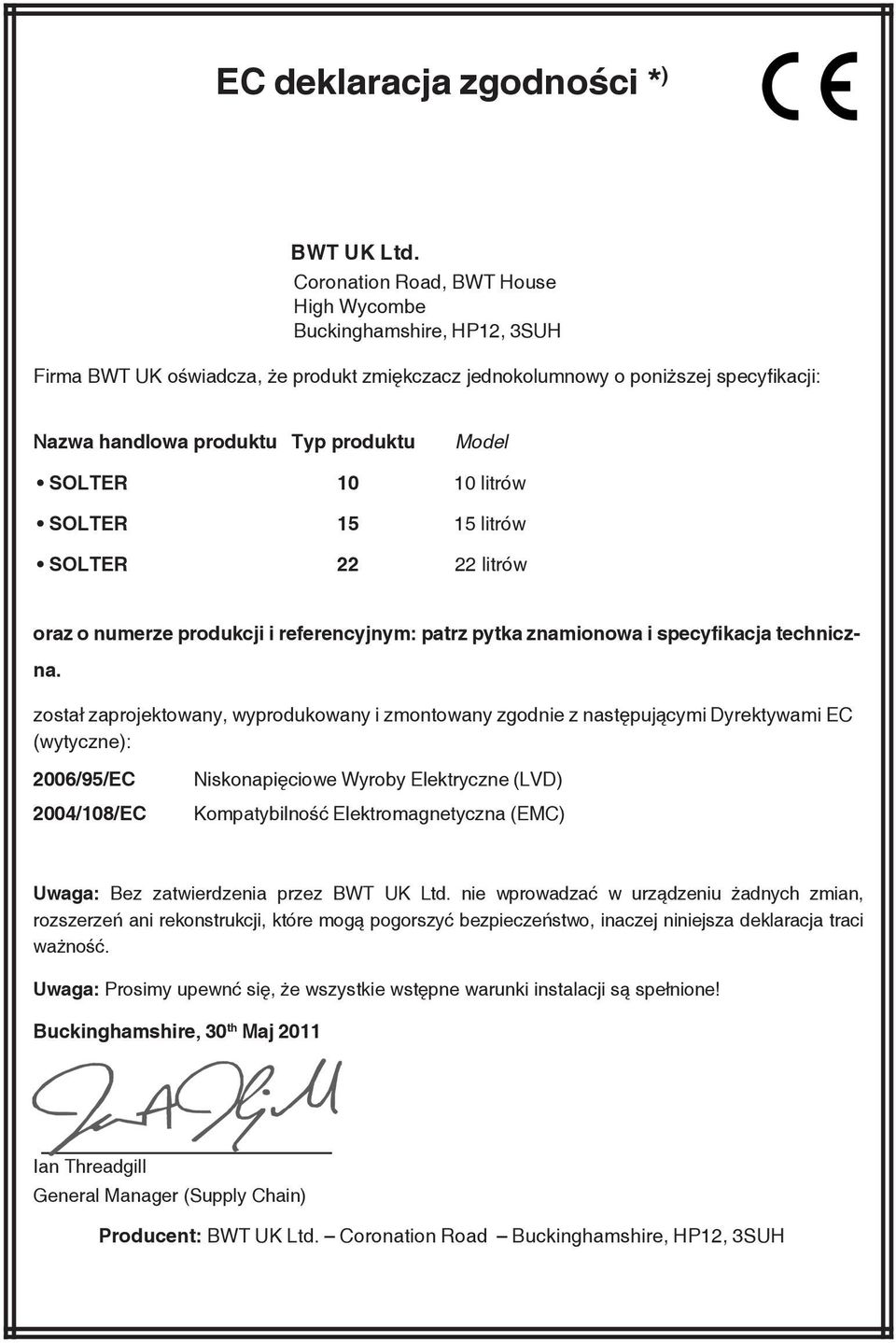 SOLTER 10 10 litrów SOLTER 15 15 litrów SOLTER 22 22 litrów oraz o numerze produkcji i referencyjnym: patrz pytka znamionowa i specyfikacja techniczna.