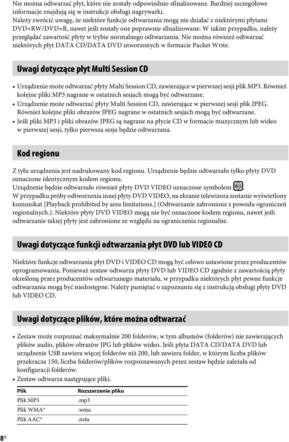 W takim przypadku, należy przeglądać zawartość płyty w trybie normalnego odtwarzania. Nie można również odtwarzać niektórych płyt DATA CD/DATA DVD utworzonych w formacie Packet Write.