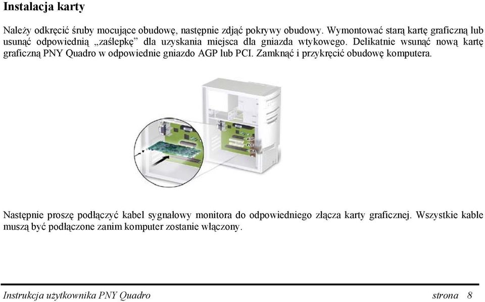 Delikatnie wsunąć nową kartę graficzną PNY Quadro w odpowiednie gniazdo AGP lub PCI. Zamknąć i przykręcić obudowę komputera.