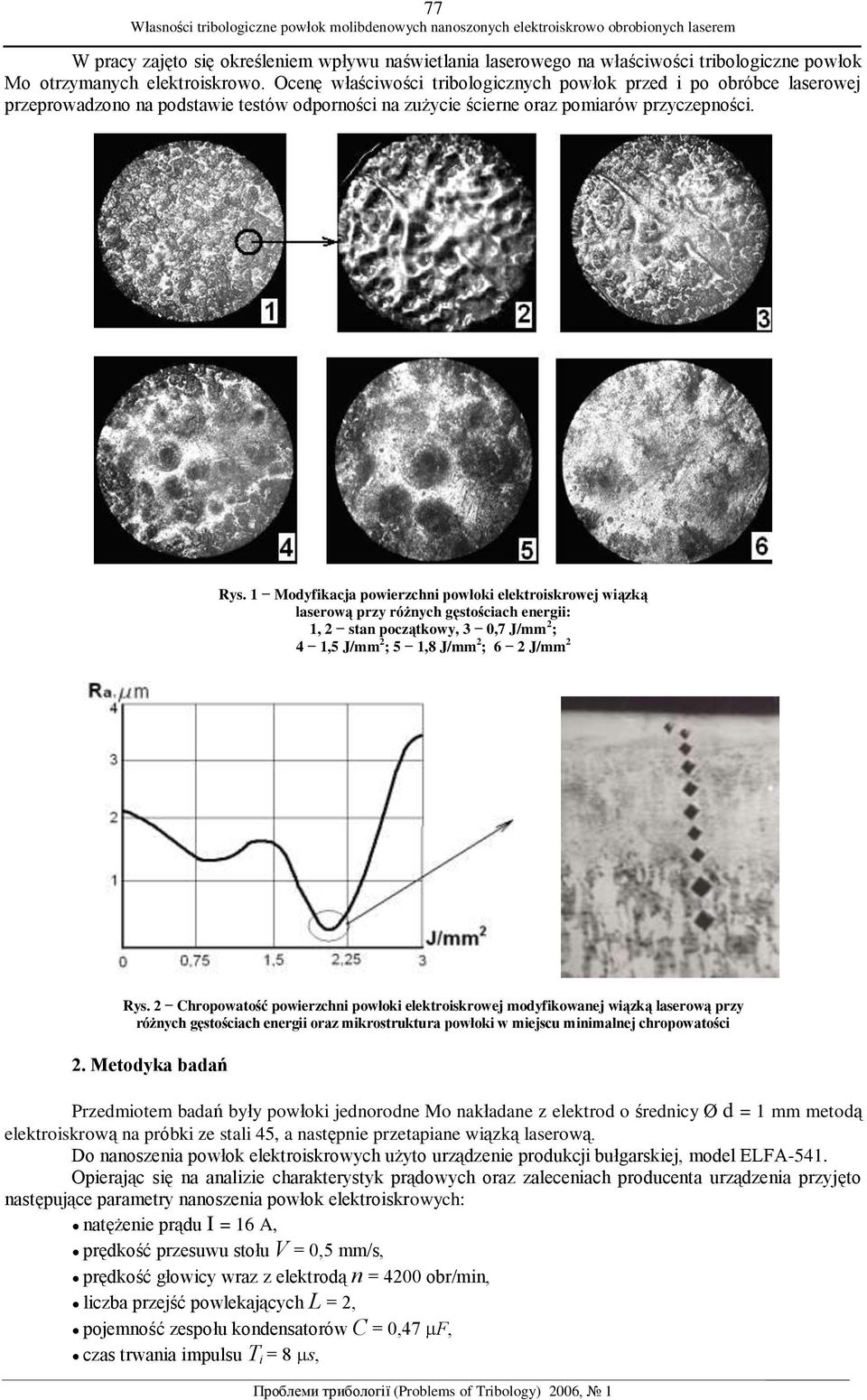 1 Modyfikacja powierzchni powłoki elektroiskrowej wiązką laserową przy różnych gęstościach energii: 1, 2 stan początkowy, 3 0,7 J/mm 2 ; 4 1,5 J/mm 2 ; 5 1,8 J/mm 2 ; 6 2 J/mm 2 Rys.