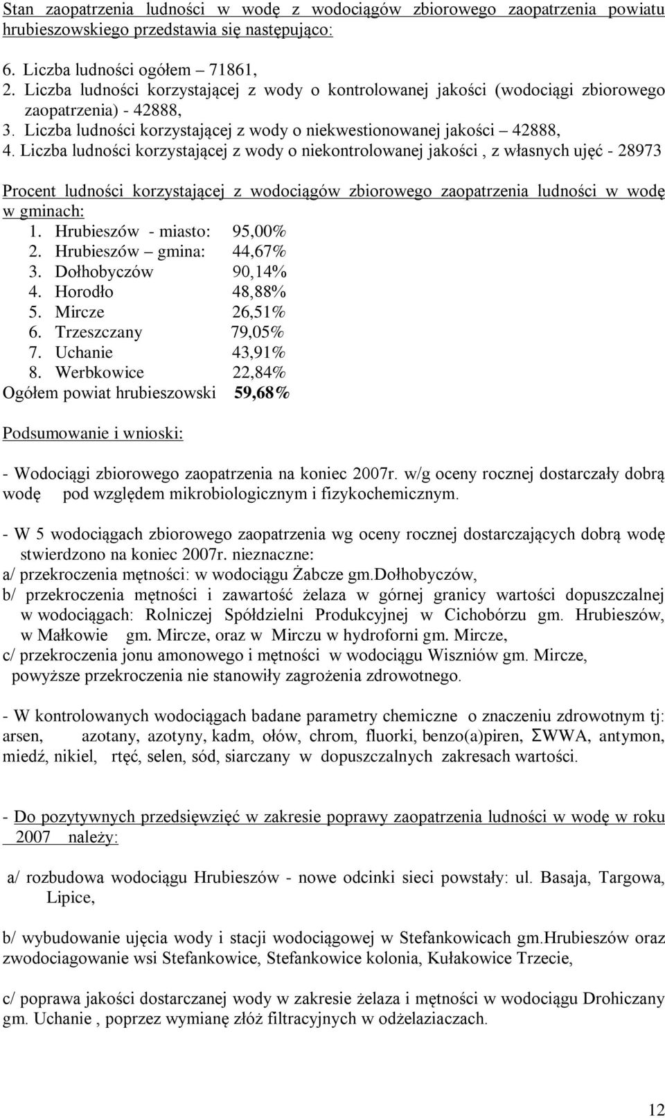 Liczba ludności korzystającej z wody o niekontrolowanej jakości, z własnych ujęć - 28973 Procent ludności korzystającej z wodociągów zbiorowego zaopatrzenia ludności w wodę w gminach: 1.