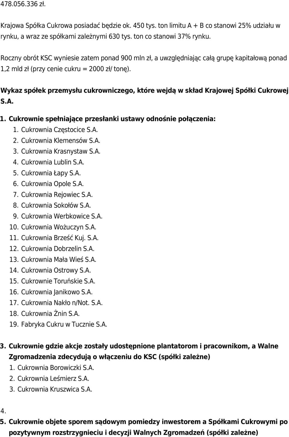 Wykaz spółek przemysłu cukrowniczego, które wejdą w skład Krajowej Spółki Cukrowej S.A. 1. Cukrownie spełniające przesłanki ustawy odnośnie połączenia: 1. Cukrownia Częstocice S.A. 2.