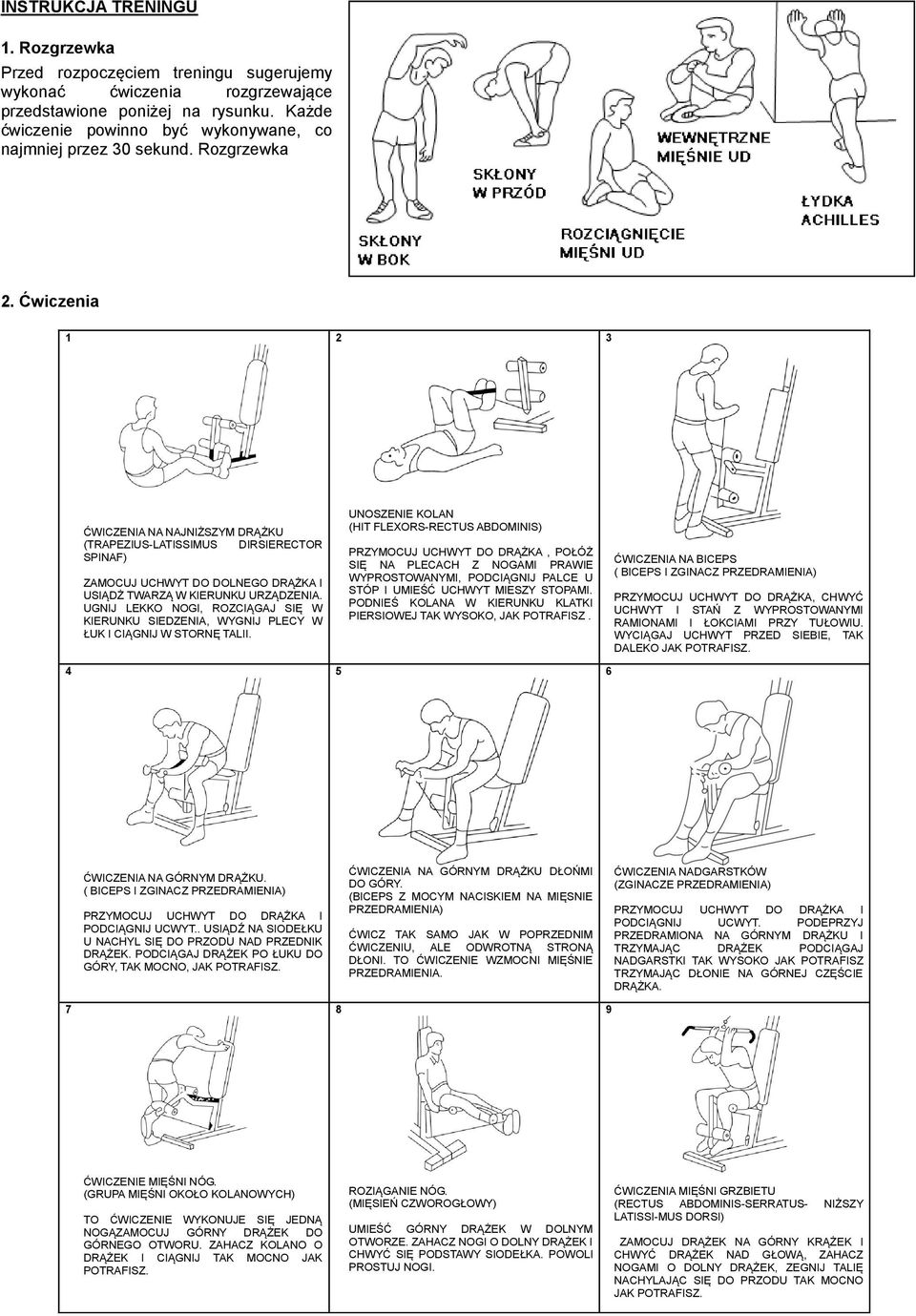 Ćwiczenia 1 2 3 4 ĆWICZENIA NA NAJNIŻSZYM DRĄŻKU (TRAPEZIUS-LATISSIMUS DIRSIERECTOR SPINAF) ZAMOCUJ UCHWYT DO DOLNEGO DRĄŻKA I USIĄDŻ TWARZĄ W KIERUNKU URZĄDZENIA.