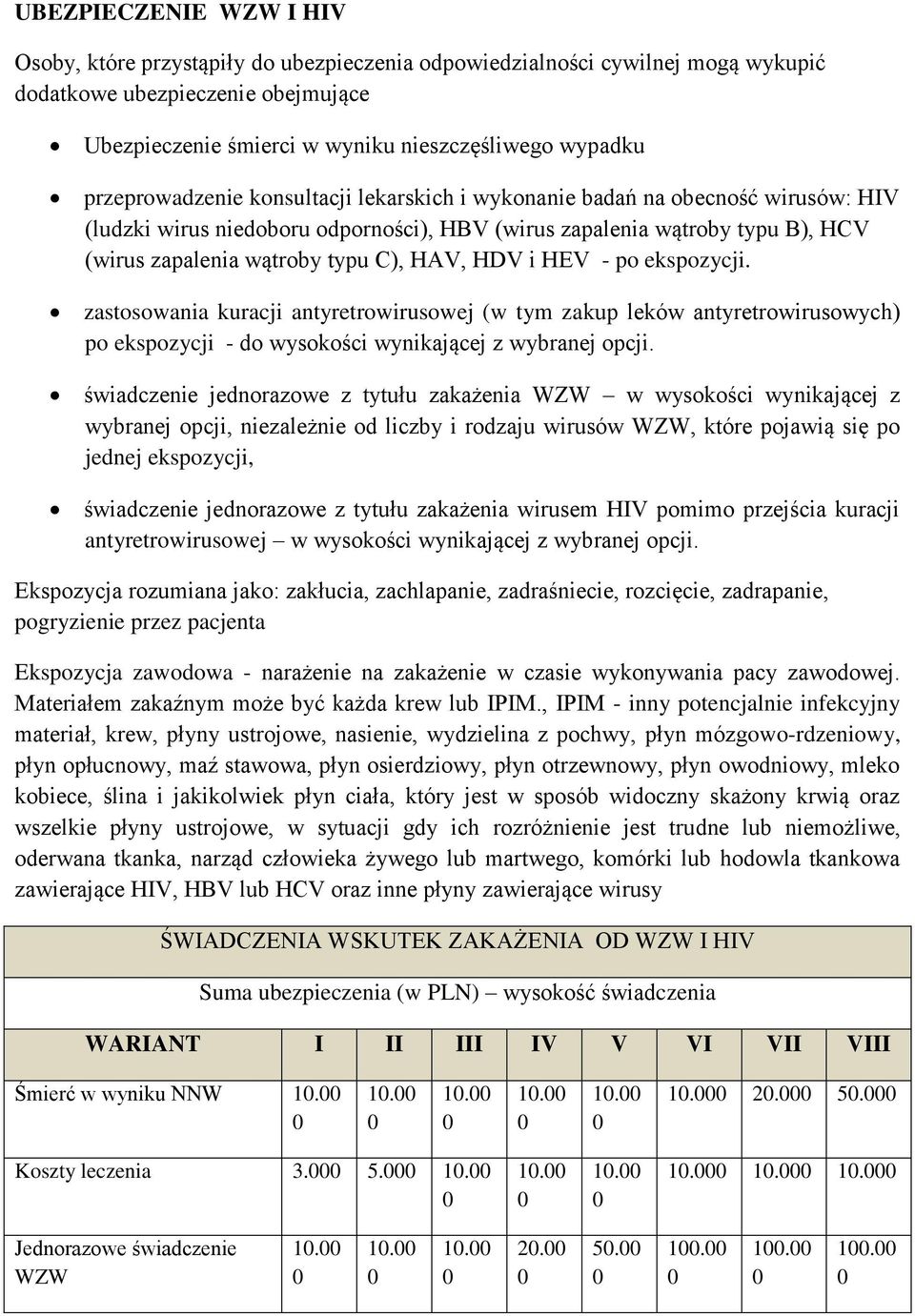 HDV i HEV - po ekspozycji. zastosowania kuracji antyretrowirusowej (w tym zakup leków antyretrowirusowych) po ekspozycji - do wysokości wynikającej z wybranej opcji.