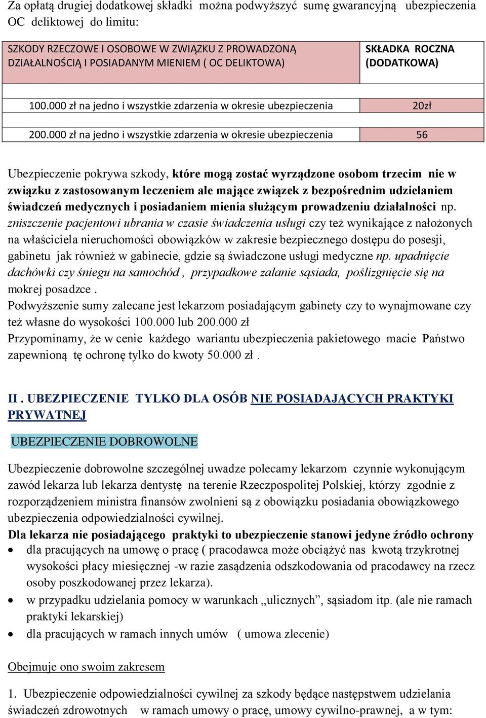 zł na jedno i wszystkie zdarzenia w okresie ubezpieczenia 56 Ubezpieczenie pokrywa szkody, które mogą zostać wyrządzone osobom trzecim nie w związku z zastosowanym leczeniem ale mające związek z