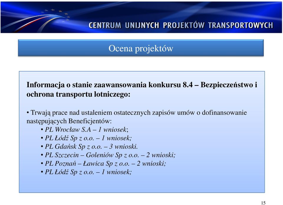umów o dofinansowanie następujących Beneficjentów: PL Wrocław S.A 1 wniosek; PL Łódź Sp z o.o. 1 wniosek; PL Gdańsk Sp z o.