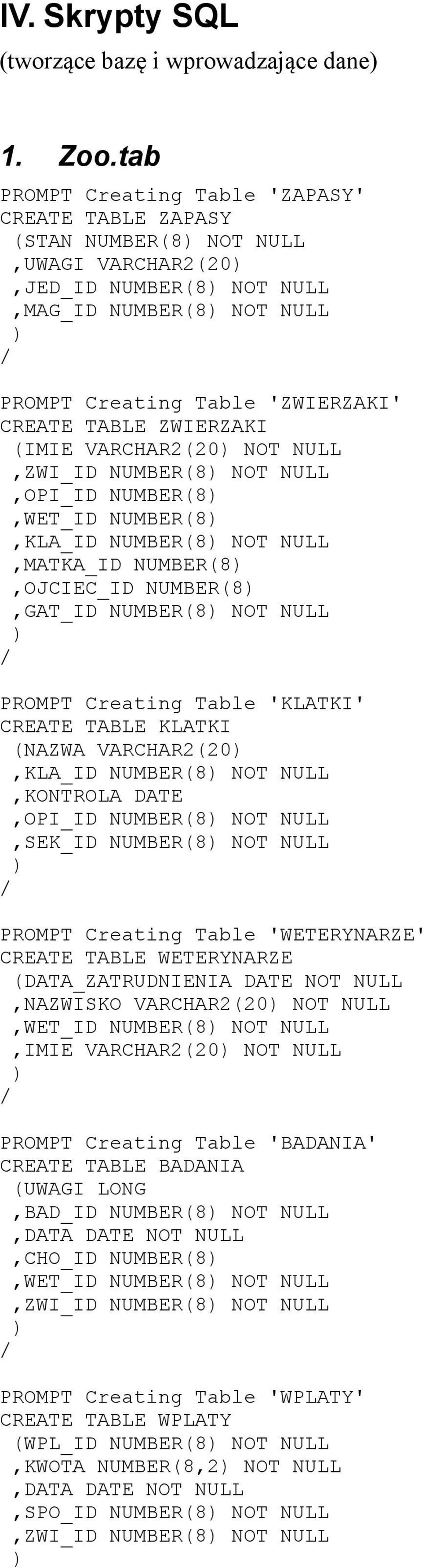 ZWIERZAKI (IMIE VARCHAR2(20 NOT NULL,ZWI_ID NUMBER(8 NOT NULL,OPI_ID NUMBER(8,WET_ID NUMBER(8,KLA_ID NUMBER(8 NOT NULL,MATKA_ID NUMBER(8,OJCIEC_ID NUMBER(8,GAT_ID NUMBER(8 NOT NULL PROMPT Creating