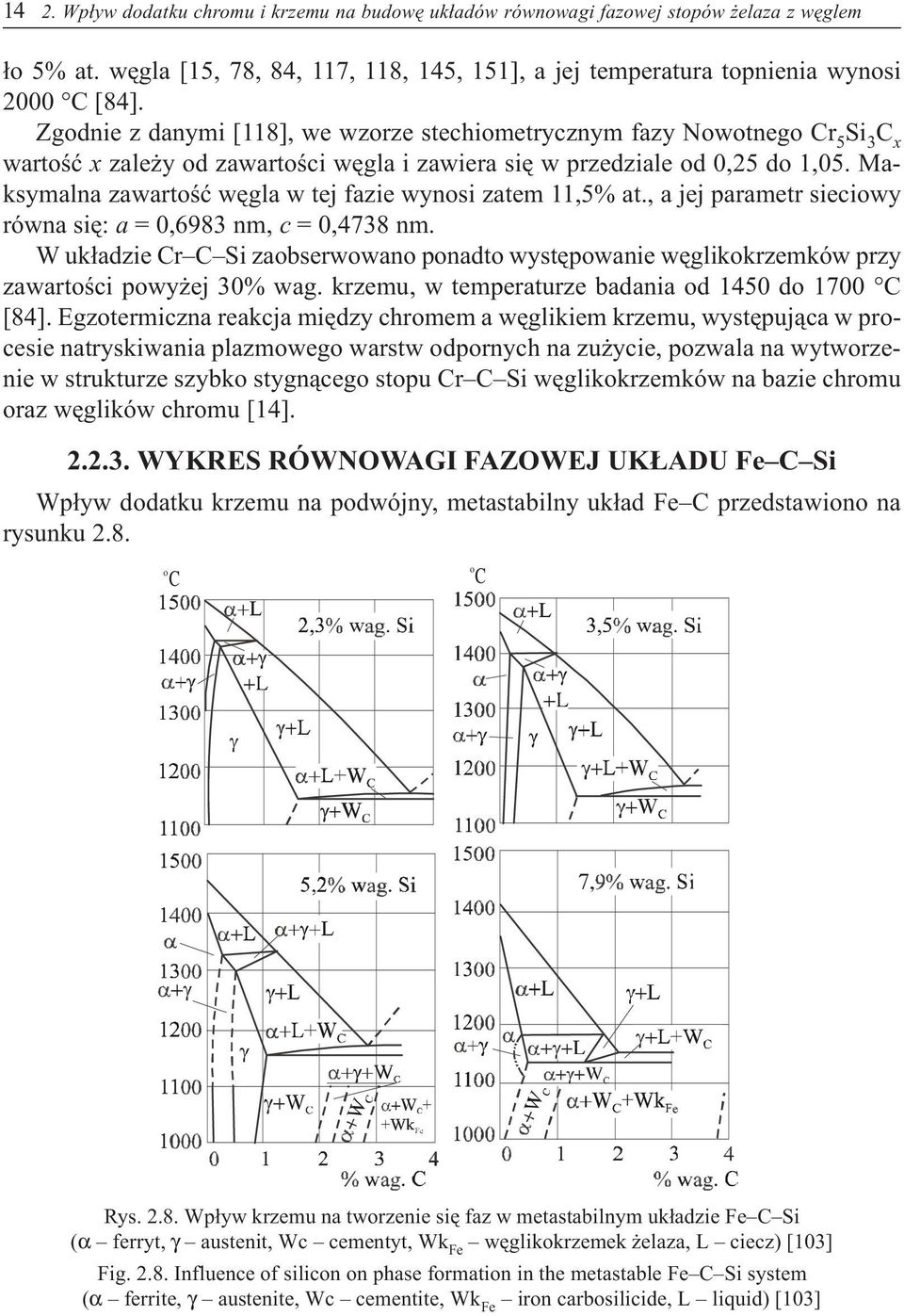 Maksymalna zawartoœæ wêgla w tej fazie wynosi zatem 11,5% at., a jej parametr sieciowy równa siê: a = 0,6983 nm, c = 0,4738 nm.