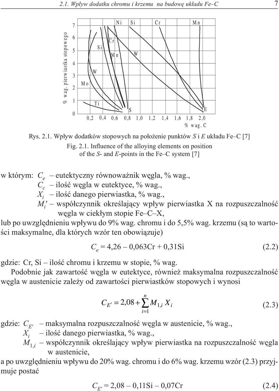 , X i iloœæ danego pierwiastka, % wag., M i ' wspó³czynnik okreœlaj¹cy wp³yw pierwiastka X na rozpuszczalnoœæ wêgla w ciek³ym stopie Fe C X, lub po uwzglêdnieniu wp³ywu do 9% wag.
