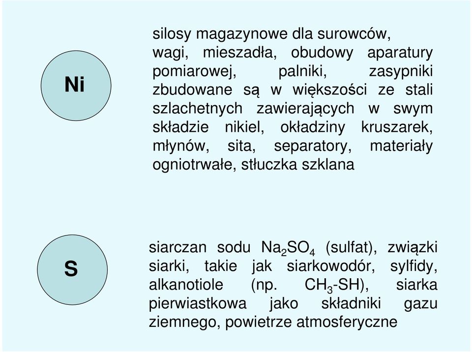 separatory, materiały ogniotrwałe, stłuczka szklana S siarczan sodu Na 2 SO 4 (sulfat), związki siarki, takie jak