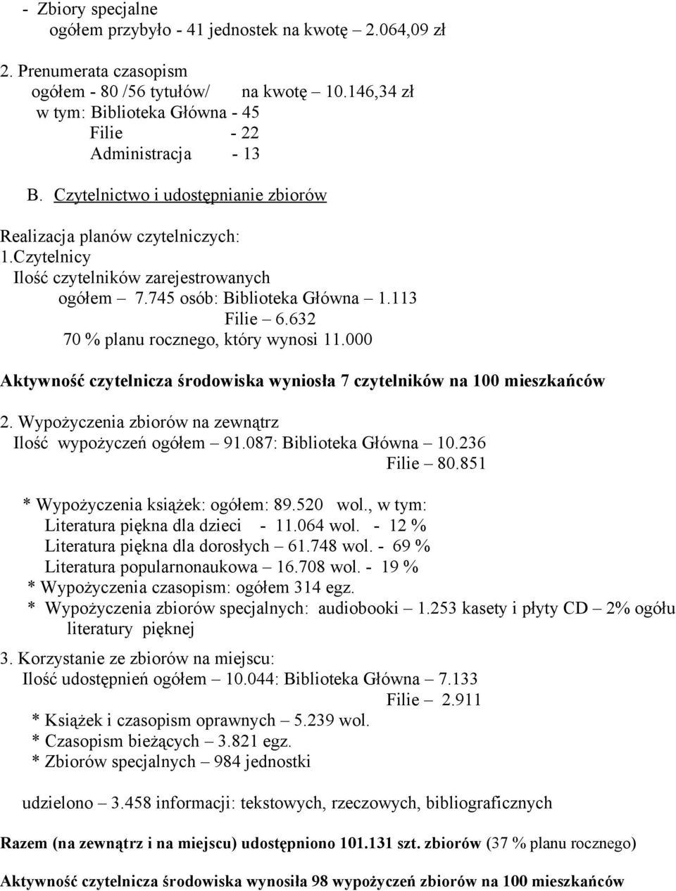 745 osób: Biblioteka Główna 1.113 Filie 6.632 70 % planu rocznego, który wynosi 11.000 Aktywność czytelnicza środowiska wyniosła 7 czytelników na 100 mieszkańców 2.