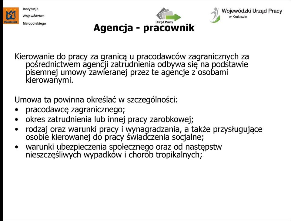 Umowa ta powinna określać w szczególności: pracodawcę zagranicznego; okres zatrudnienia lub innej pracy zarobkowej; rodzaj oraz