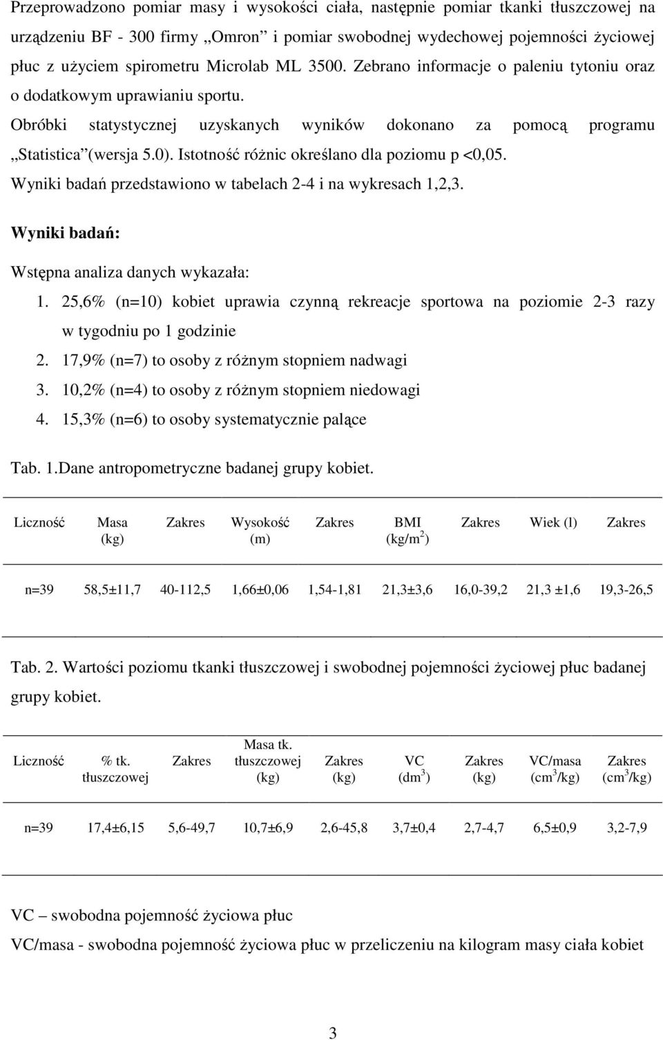 Istotność różnic określano dla poziomu p <0,05. Wyniki badań przedstawiono w tabelach 2-4 i na wykresach 1,2,3. Wyniki badań: Wstępna analiza danych wykazała: 1.