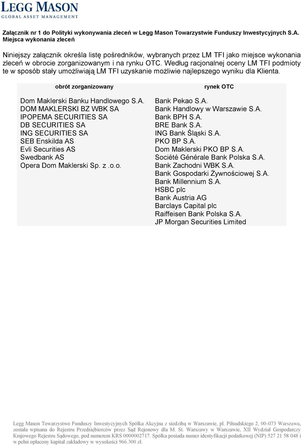 Według racjonalnej oceny LM TFI podmioty te w sposób stały umożliwiają LM TFI uzyskanie możliwie najlepszego wyniku dla Klienta. obrót zorganizowany Dom Maklerski Banku Handlowego S.A.