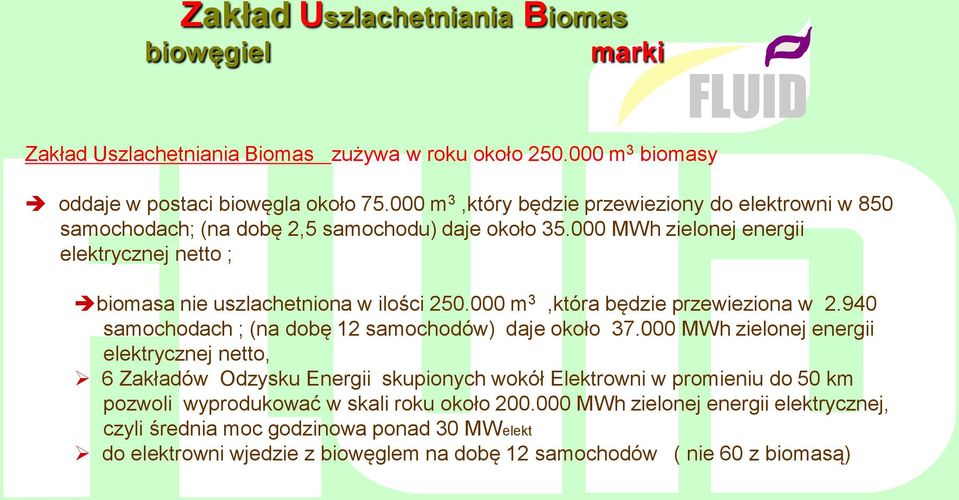 000 MWh zielonej energii elektrycznej netto ; biomasa nie uszlachetniona w ilości 250.000 m 3,która będzie przewieziona w 2.940 samochodach ; (na dobę 12 samochodów) daje około 37.