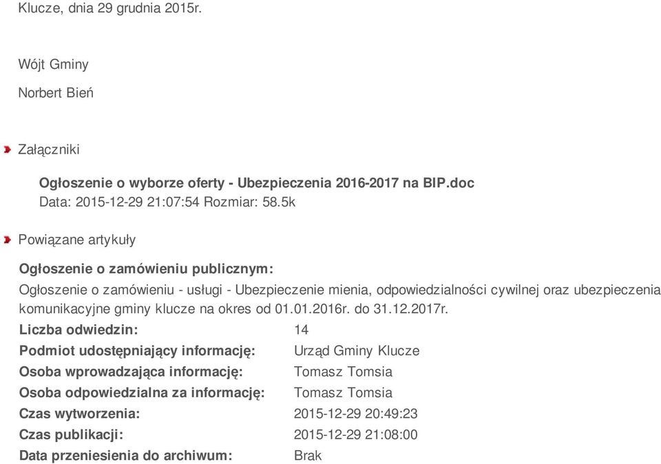 komunikacyjne gminy klucze na okres od 01.01.2016r. do 31.12.2017r.