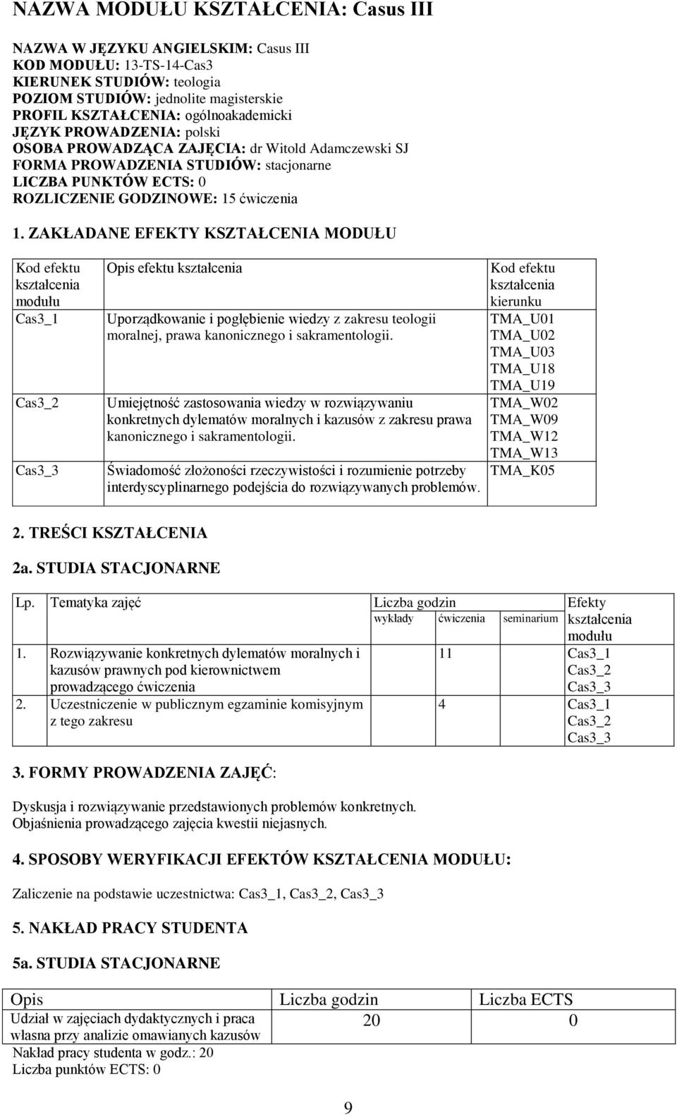 ZAKŁADANE EFEKTY KSZTAŁCENIA MODUŁU Cas3_1 Cas3_2 Cas3_3 Opis efektu Uporządkowanie i pogłębienie wiedzy z zakresu teologii moralnej, prawa kanonicznego i sakramentologii.