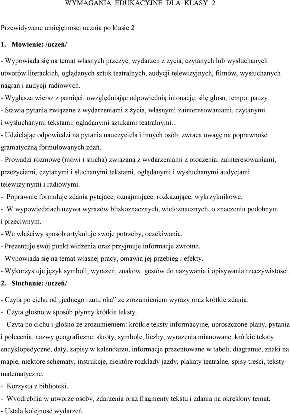 wysłuchanych nagrań i audycji radiowych. - Wygłasza wiersz z pamięci, uwzględniając odpowiednią intonację, siłę głosu, tempo, pauzy.