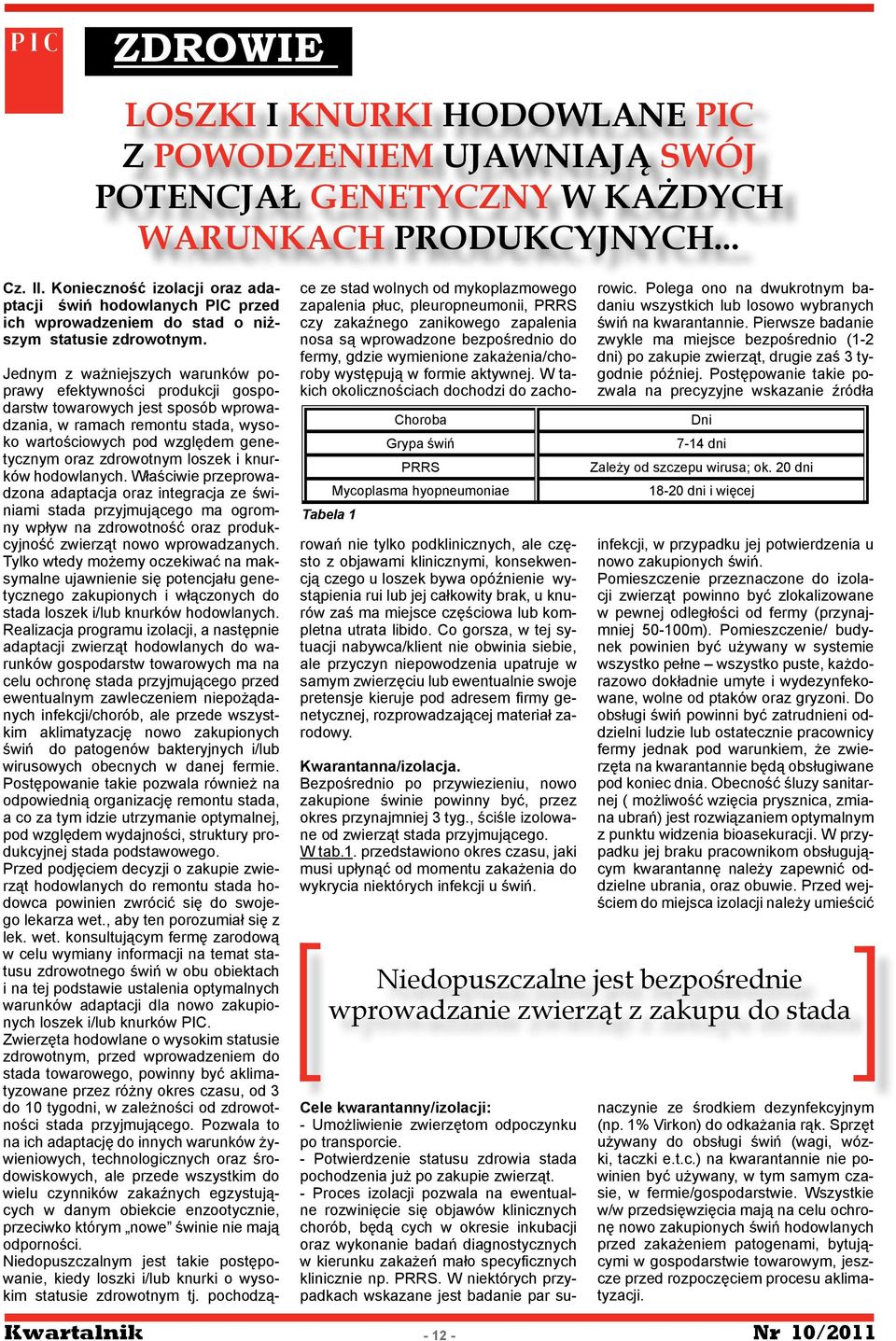 Choroba Grypa świń PRRS Mycoplasma hyopneumoniae Tabela 1 Jednym z ważniejszych warunków poprawy efektywności produkcji gospodarstw towarowych jest sposób wprowadzania, w ramach remontu stada, wysoko