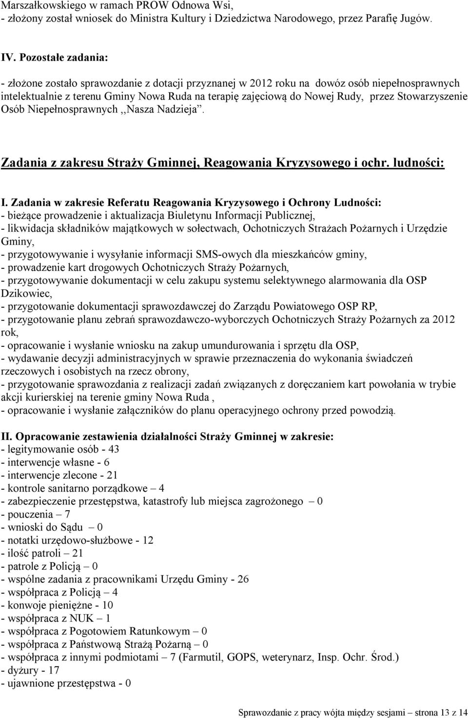 Stowarzyszenie Osób Niepełnosprawnych,,Nasza Nadzieja. Zadania z zakresu Straży Gminnej, Reagowania Kryzysowego i ochr. ludności: I.