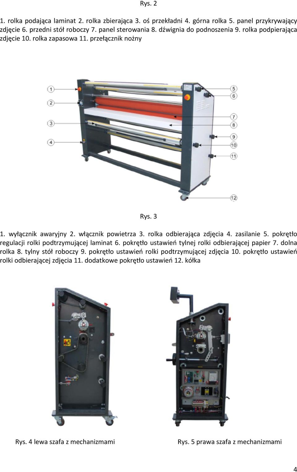 rolka odbierająca zdjęcia 4. zasilanie 5. pokrętło regulacji rolki podtrzymującej laminat 6. pokrętło ustawień tylnej rolki odbierającej papier 7. dolna rolka 8.