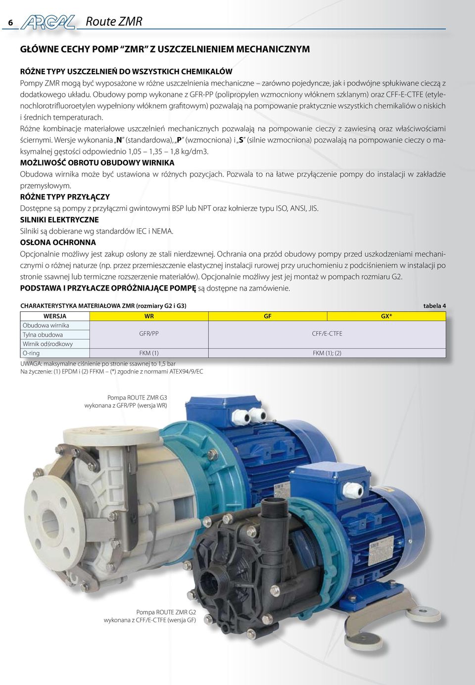 Obudowy pomp wykonane z GFR-PP (polipropylen wzmocniony włóknem szklanym) oraz CFF-E-CTFE (etylenochlorotrifluoroetylen wypełniony włóknem grafitowym) pozwalają na pompowanie praktycznie wszystkich