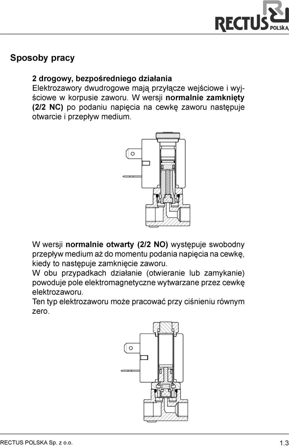 W wersji normalnie otwarty (2/2 NO) występuje swobodny przepływ medium aż do momentu podania napięcia na cewkę, kiedy to następuje zamknięcie