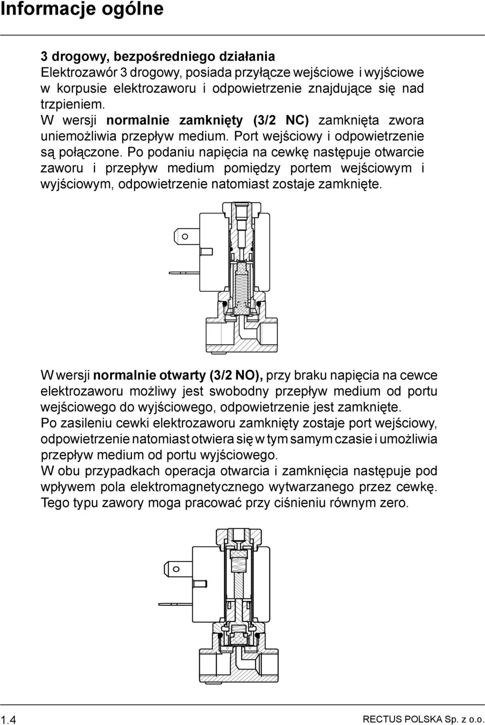 Po podaniu napięcia na cewkę następuje otwarcie zaworu i przepływ medium pomiędzy portem wejściowym i wyjściowym, odpowietrzenie natomiast zostaje zamknięte.