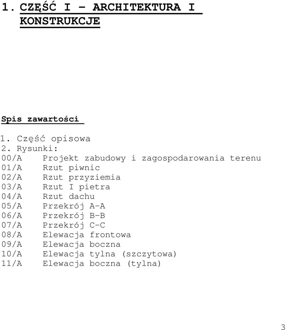 przyziemia 03/A Rzut I pietra 04/A Rzut dachu 05/A Przekrój A-A 06/A Przekrój B-B 07/A