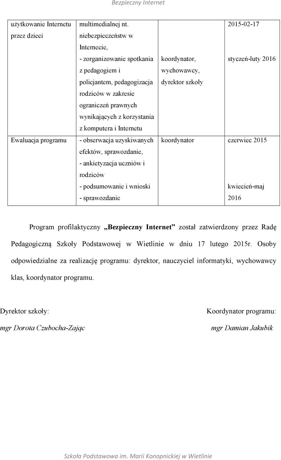 obserwacja uzyskiwanych efektów, sprawozdanie, - ankietyzacja uczniów i rodziców - podsumowanie i wnioski - sprawozdanie 2015-02-17, styczeń-luty 2016 dyrektor szkoły czerwiec 2015 kwiecień-maj 2016