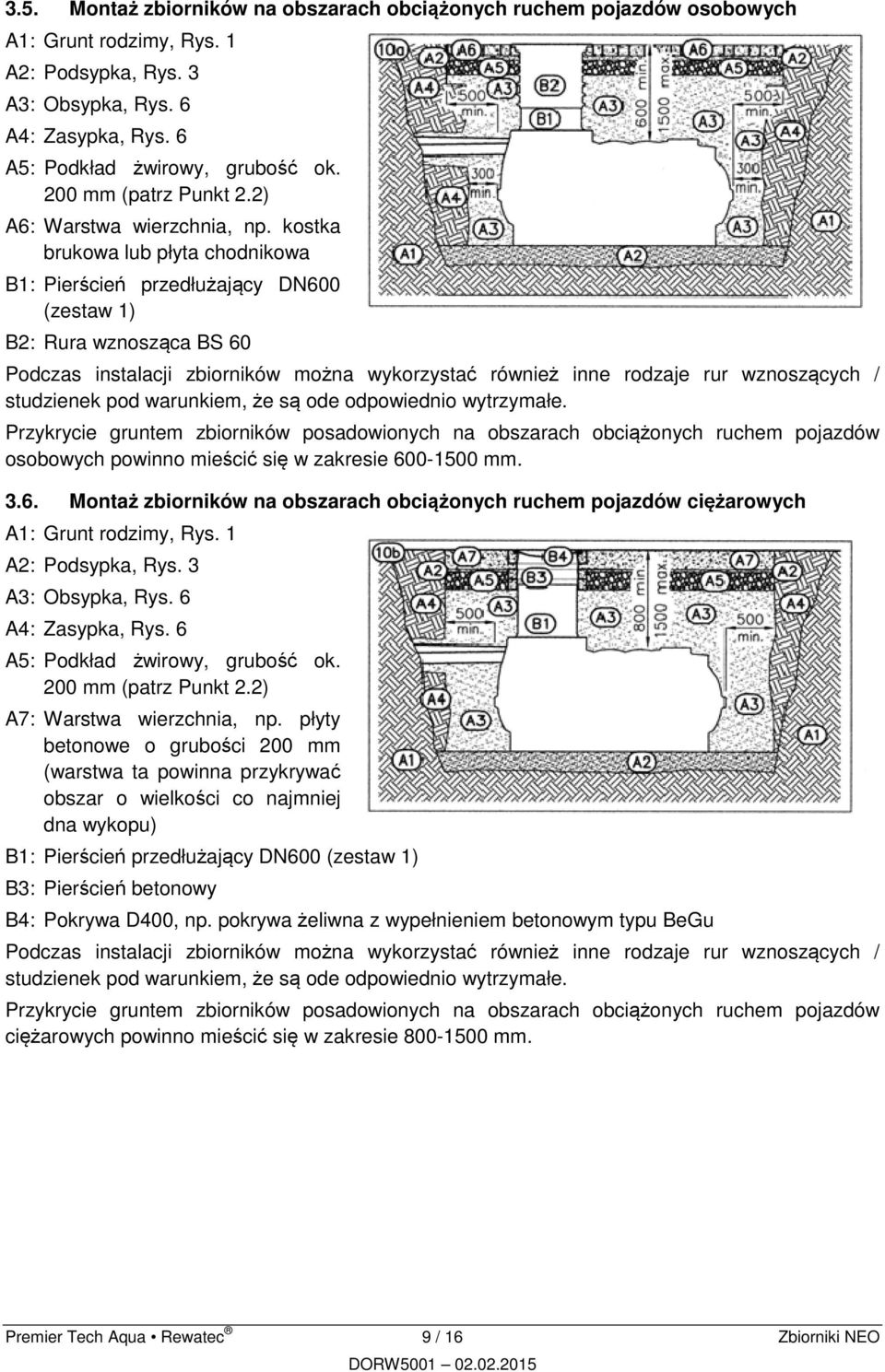 kostka brukowa lub płyta chodnikowa B1: Pierścień przedłużający DN600 (zestaw 1) B2: Rura wznosząca BS 60 Podczas instalacji zbiorników można wykorzystać również inne rodzaje rur wznoszących /