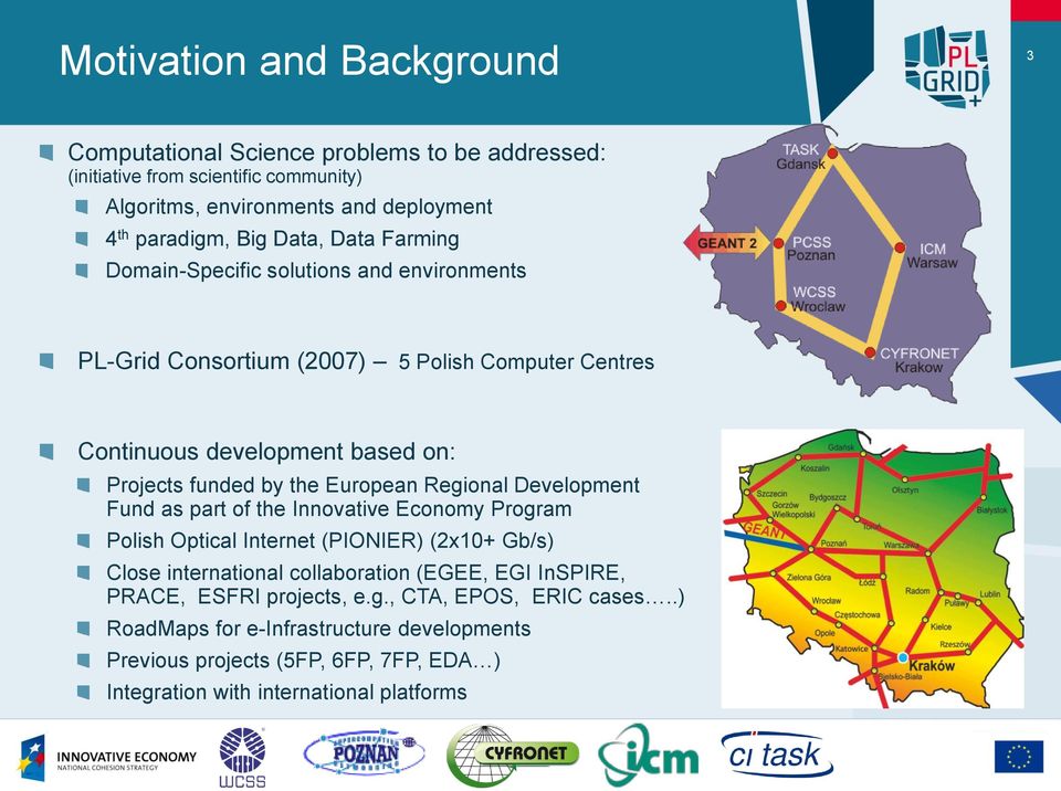 European Regional Development Fund as part of the Innovative Economy Program Polish Optical Internet (PIONIER) (2x10+ Gb/s) Close international collaboration (EGEE, EGI