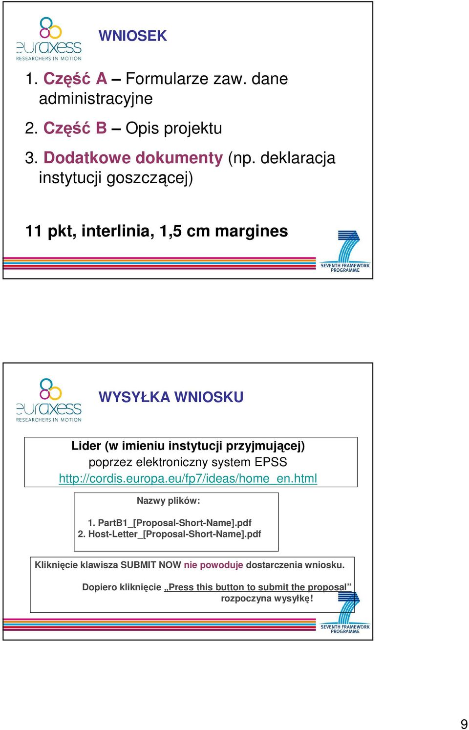 elektroniczny system EPSS http://cordis.europa.eu/fp7/ideas/home_en.html Nazwy plików: 1. PartB1_[Proposal-Short-Name].pdf 2.