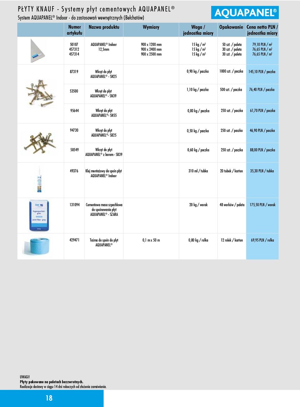 / paleta 30 szt. / paleta 79,10 PLN / m 2 76,65 PLN / m 2 76,65 PLN / m 2 87319 Wkręt do płyt AQUAPANEL - SN25 0,90 kg / paczka 1000 szt.