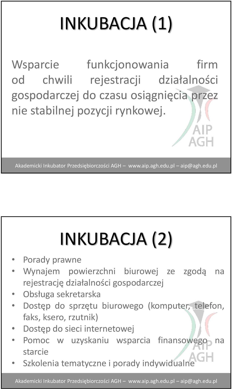 INKUBACJA (2) Porady prawne Wynajem powierzchni biurowej ze zgodą na rejestrację działalności gospodarczej Obsługa