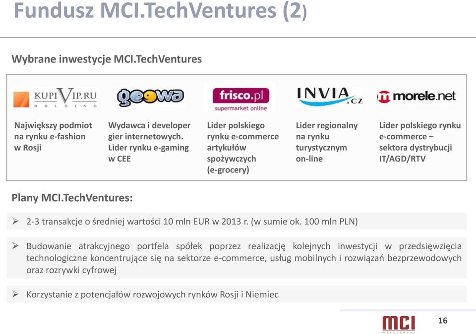dystrybucji IT/AGD/RTV Plany MCI.TechVentures: 2-3 transakcje o średniej wartości 10 mln EUR w 2013 r. (w sumie ok.