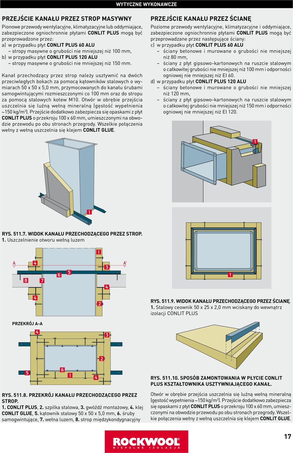 Kanał przechodzący przez strop należy usztywnić na dwóch przeciwległych bokach za pomocą kątowników stalowych o wymiarach 50 x 50 x 5,0 mm, przymocowanych do kanału śrubami samogwintującymi