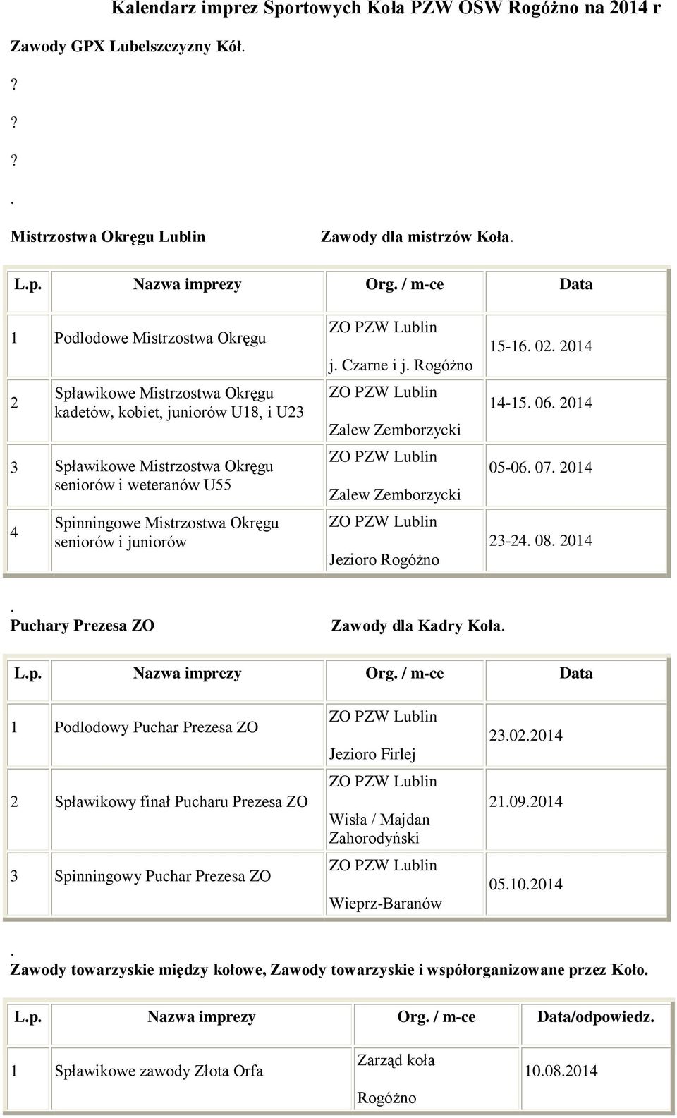 Okręgu seniorów i juniorów ZO PZW Lublin j. Czarne i j. ZO PZW Lublin Zalew Zemborzycki ZO PZW Lublin Zalew Zemborzycki ZO PZW Lublin Jezioro 15-16. 02. 2014 14-15. 06. 2014 05-06. 07. 2014 23-24. 08.