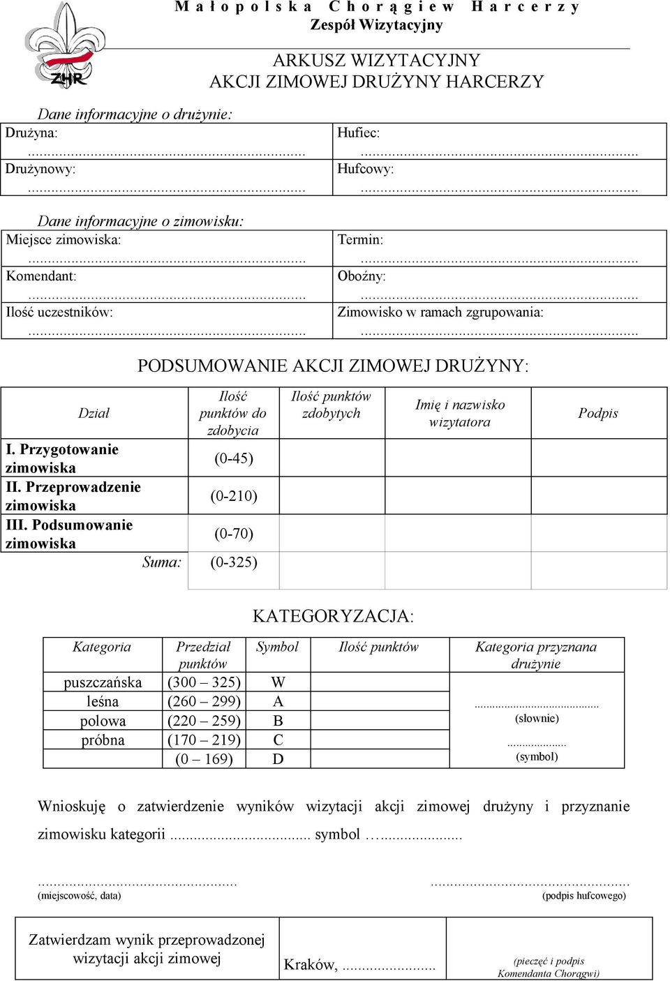 Przygotowanie zimowiska (0-45) II. Przeprowadzenie zimowiska (0-210) III.