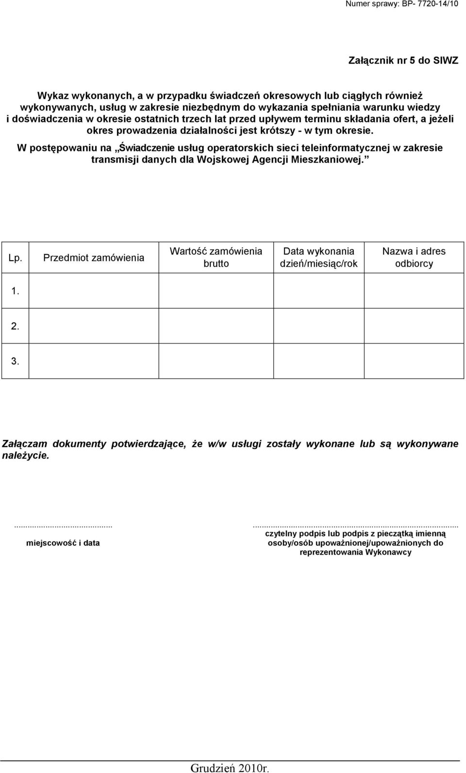 W postępowaniu na Świadczenie usług operatorskich sieci teleinformatycznej w zakresie transmisji danych dla Wojskowej Agencji Mieszkaniowej. Lp.