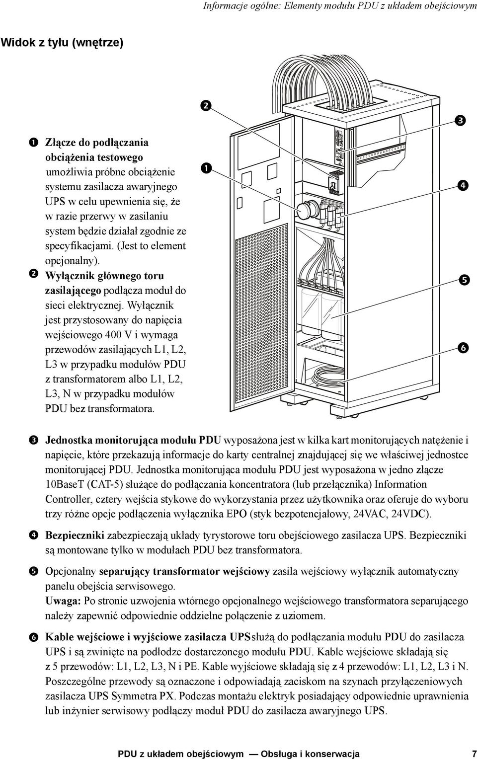 Wyłącznik jest przystosowany do napięcia wejściowego 400 V i wymaga przewodów zasilających L1, L2, L3 w przypadku modułów PDU z transformatorem albo L1, L2, L3, N w przypadku modułów PDU bez