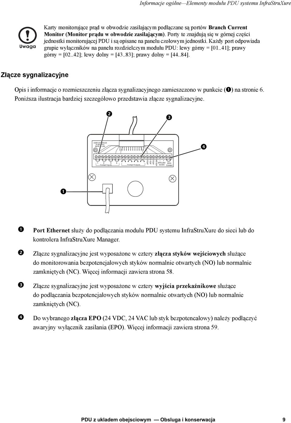 Każdy port odpowiada grupie wyłączników na panelu rozdzielczym modułu PDU: lewy górny = [01..41]; prawy górny = [02..42]; lewy dolny = [43..83]; prawy dolny = [44..84].
