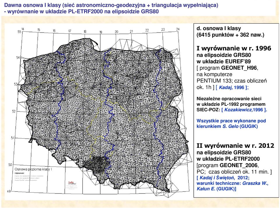 1996 na elipsoidzie GRS80 w układzie EUREF 89 [ program GEONET_H96, na komputerze PENTIUM 133; czas obliczeń ok.