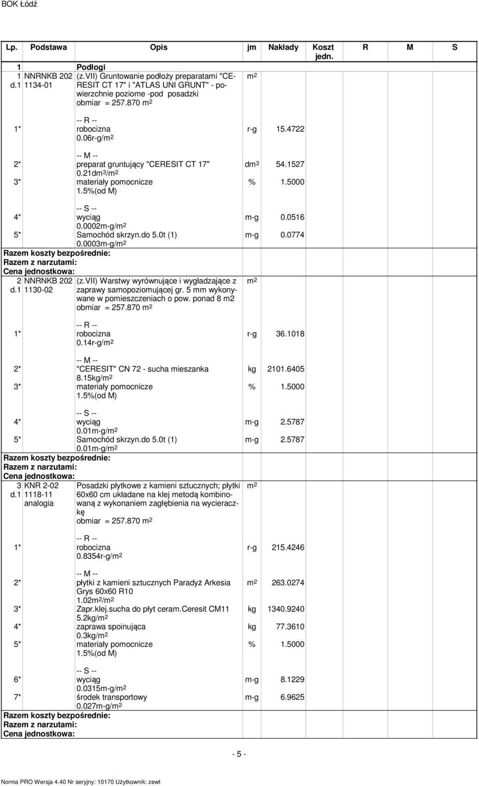 vii) Warstwy wyrównujące i wygładzające z zaprawy samopoziomującej gr. 5 mm wykonywane w pomieszczeniach o pow. ponad 8 m2 obmiar = 257.870 0.14r-g/ r-g 36.1018 kg 2101.