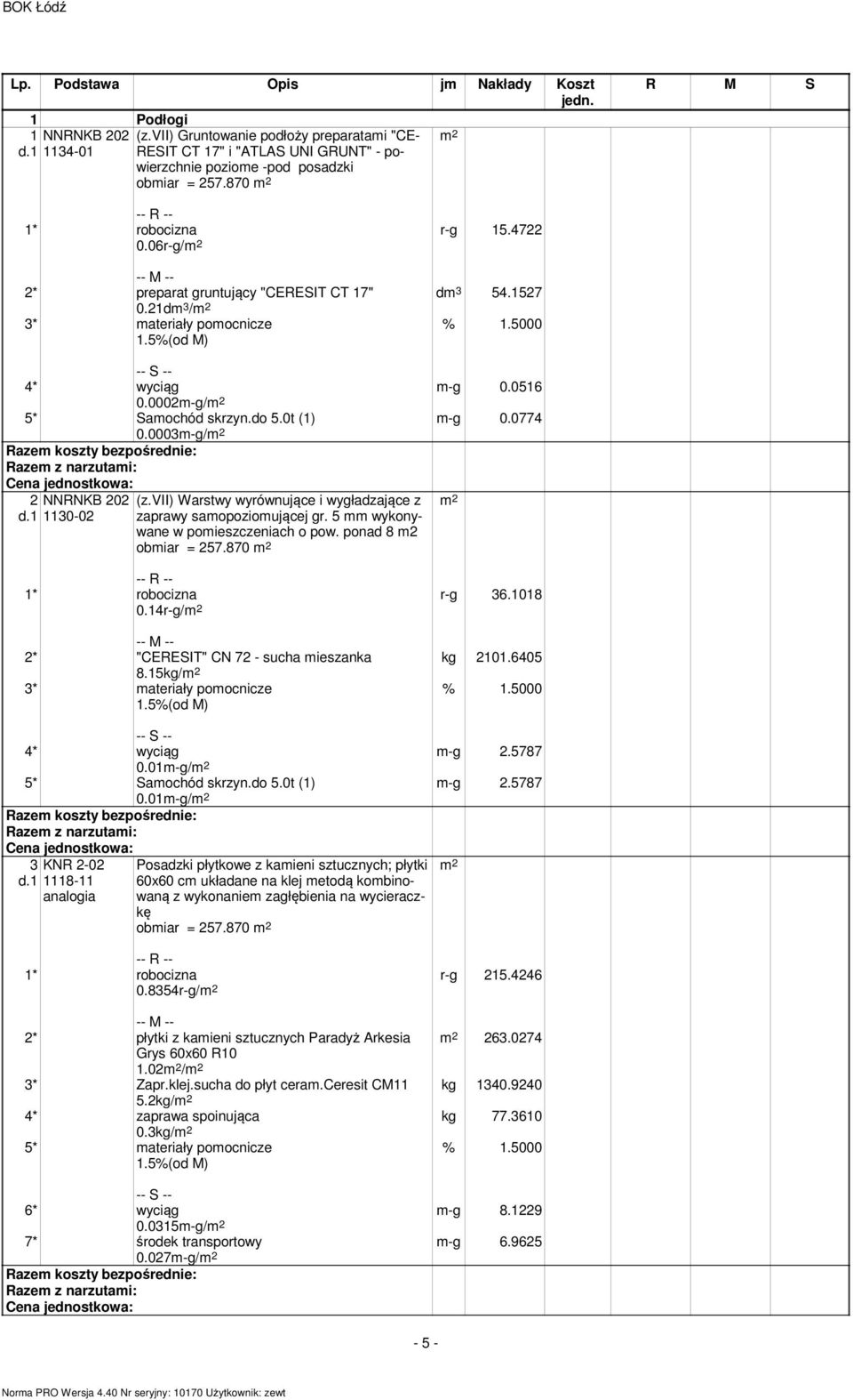 vii) Warstwy wyrównujące i wygładzające z zaprawy samopoziomującej gr. 5 mm wykonywane w pomieszczeniach o pow. ponad 8 m2 obmiar = 257.870 0.14r-g/ r-g 36.1018 kg 2101.