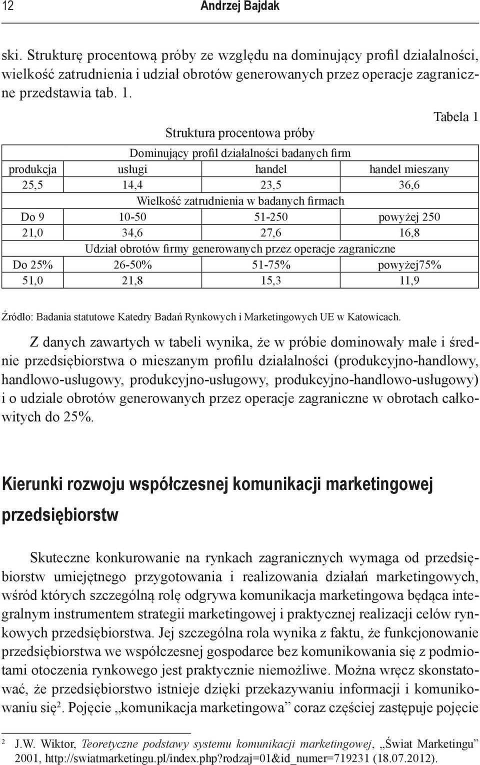 250 21,0 34,6 27,6 16,8 Udział obrotów firmy generowanych przez operacje zagraniczne Do 25% 26-50% 51-75% powyżej75% 51,0 21,8 15,3 11,9 Tabela 1 Źródło: Badania statutowe Katedry Badań Rynkowych i